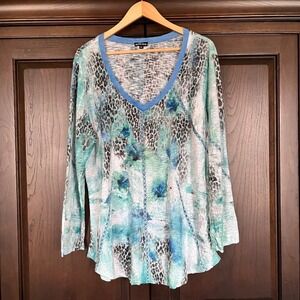 DAVID CLINE "Turq" Lightweight Top Womens Plus Size 2X Blingy Animal Print Artsy